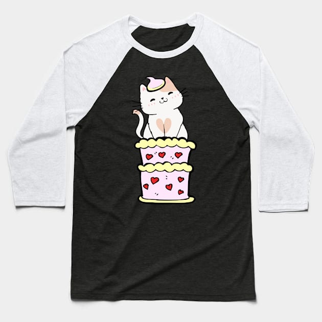 Funny white cat jumping out of a cake Baseball T-Shirt by Pet Station